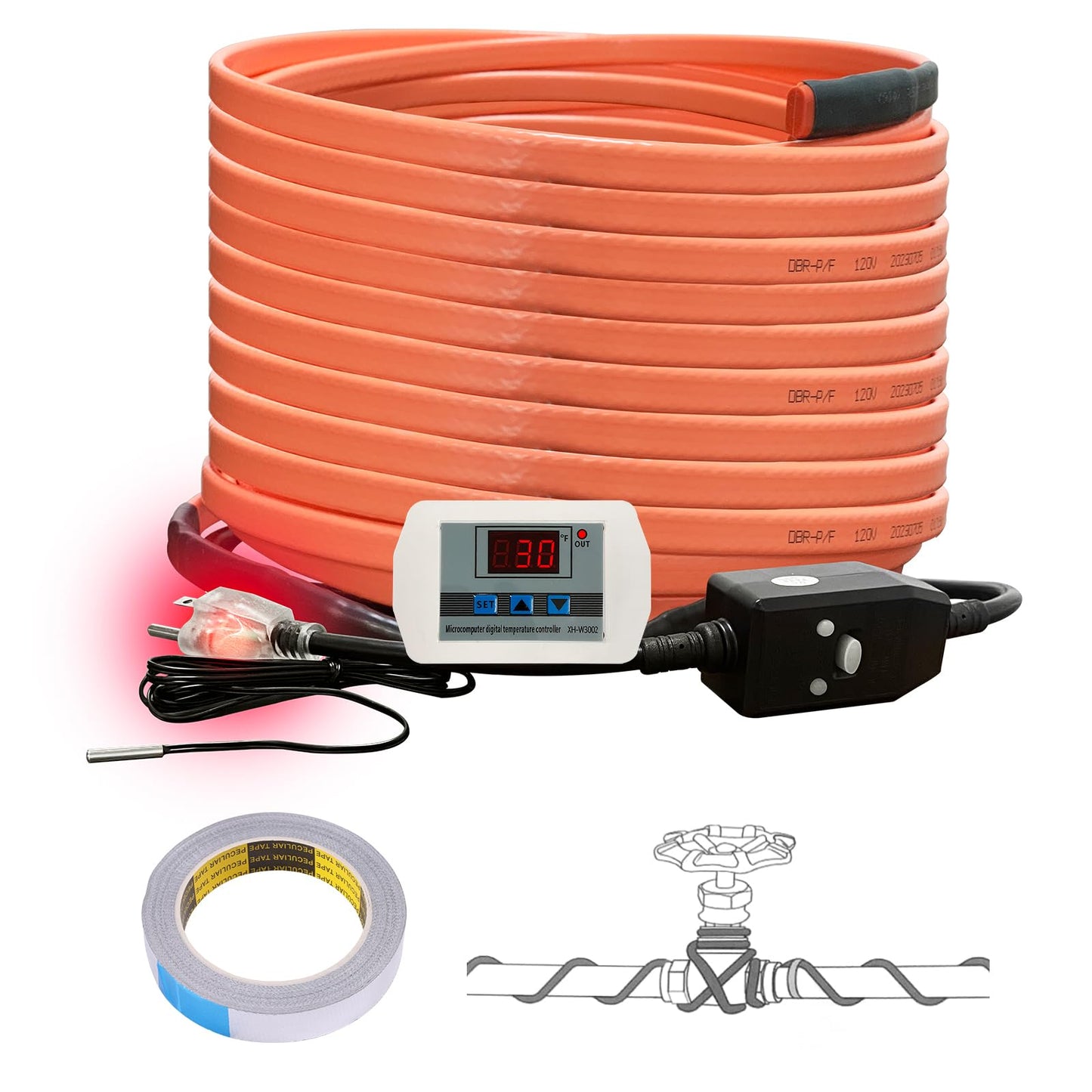 Cupohus Heat Tape for Water Pipes with Digital Display Thermostat 60FT, Freeze Protection Self-Regulating Heat Trace Cable for Metal, Plastic Home Pipes, Roof and RV