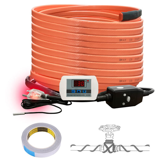 Cupohus Heat Tape for Water Pipes with Digital Display Thermostat 60FT, Freeze Protection Self-Regulating Heat Trace Cable for Metal, Plastic Home Pipes, Roof and RV