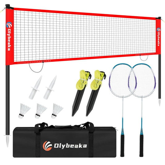 12FT Space-Saving Badminton Net Set - Durable Anti-Sag Net, Heavy Duty Poles, 2 Lightweight Rackets, 3 Shuttlecocks, Easy-Carry Bag - Stable for Backyard/Indoor/Beach (Red, 12ft)