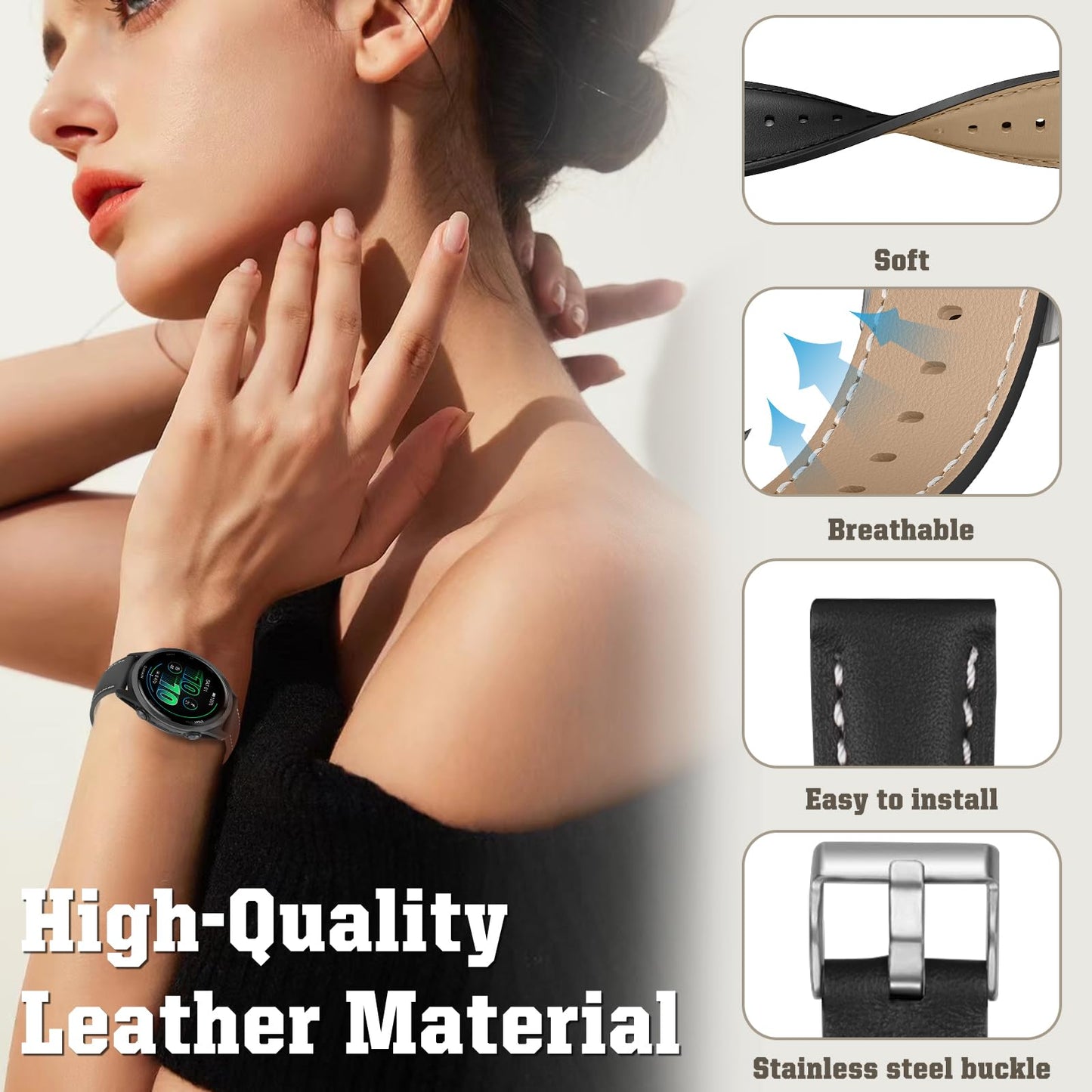 Slim Leather Watch Bands Compatible with Garmin Forerunner 570 42mm/Vivoactive 6/5/3/Venu Sq 2/Venu Sq/Forerunner 165,20mm Wristband,Replacement Stylish Slim Wristband Strap for Women Men Black