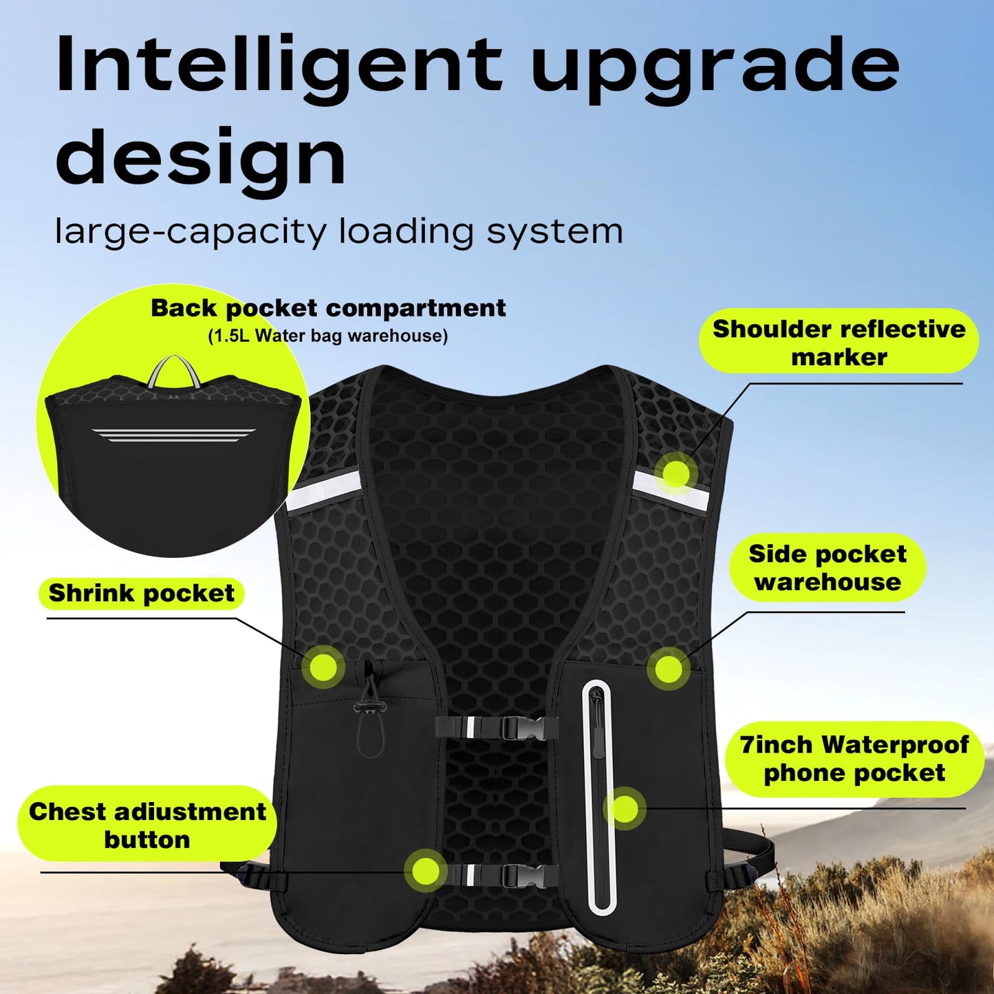 Running Vest for Women Men, Hydration Vest with 1.5L Water Bladder, 4.4 oz Ultra-Light Breathable Design, Adjustable No-Bounce Straps, Reflective Pockets for Trail Running, Marathon, Hiking, Cycling
