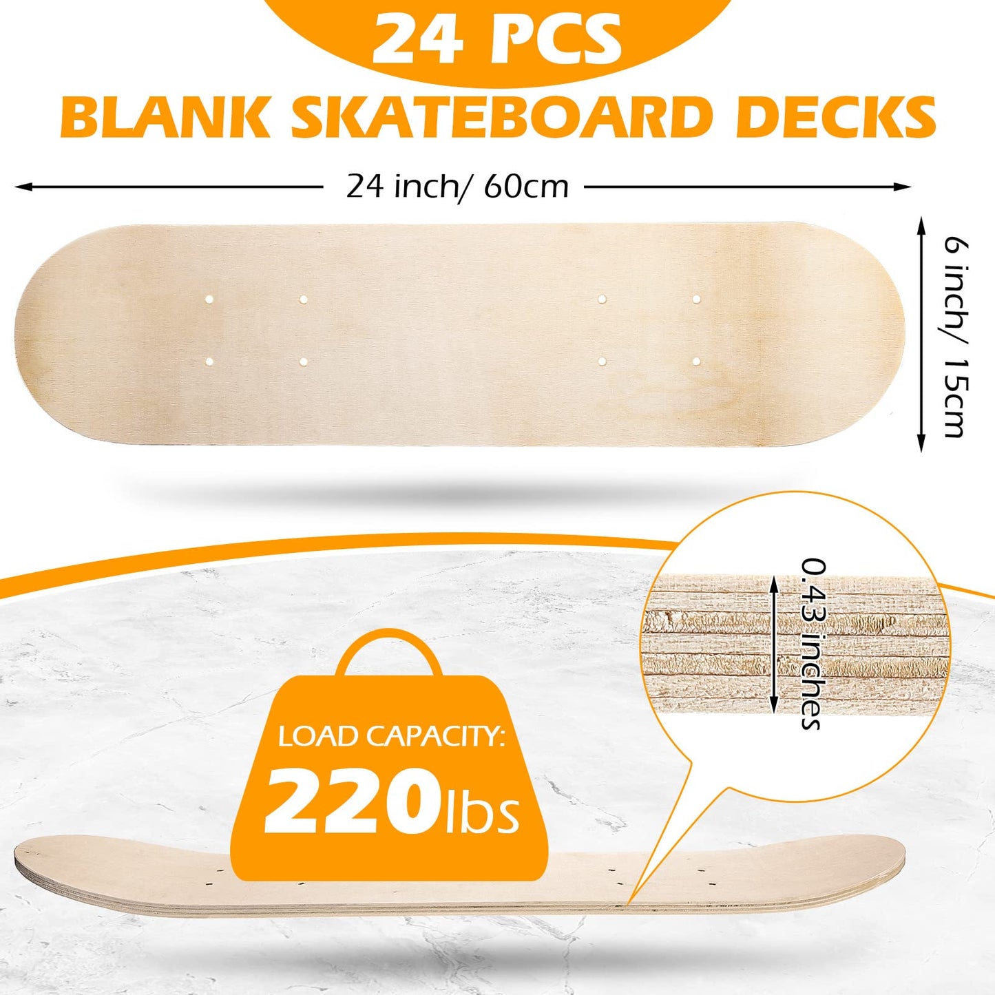 Meooeck 24 Pcs Blank Skateboard Decks Bulk 24 x 6 Inch Professional Maple Deck 7 Ply Double Tail Wooden Skate Deck Natural Plain Skateboard for Kids Art Painting Replacement Home Decoration