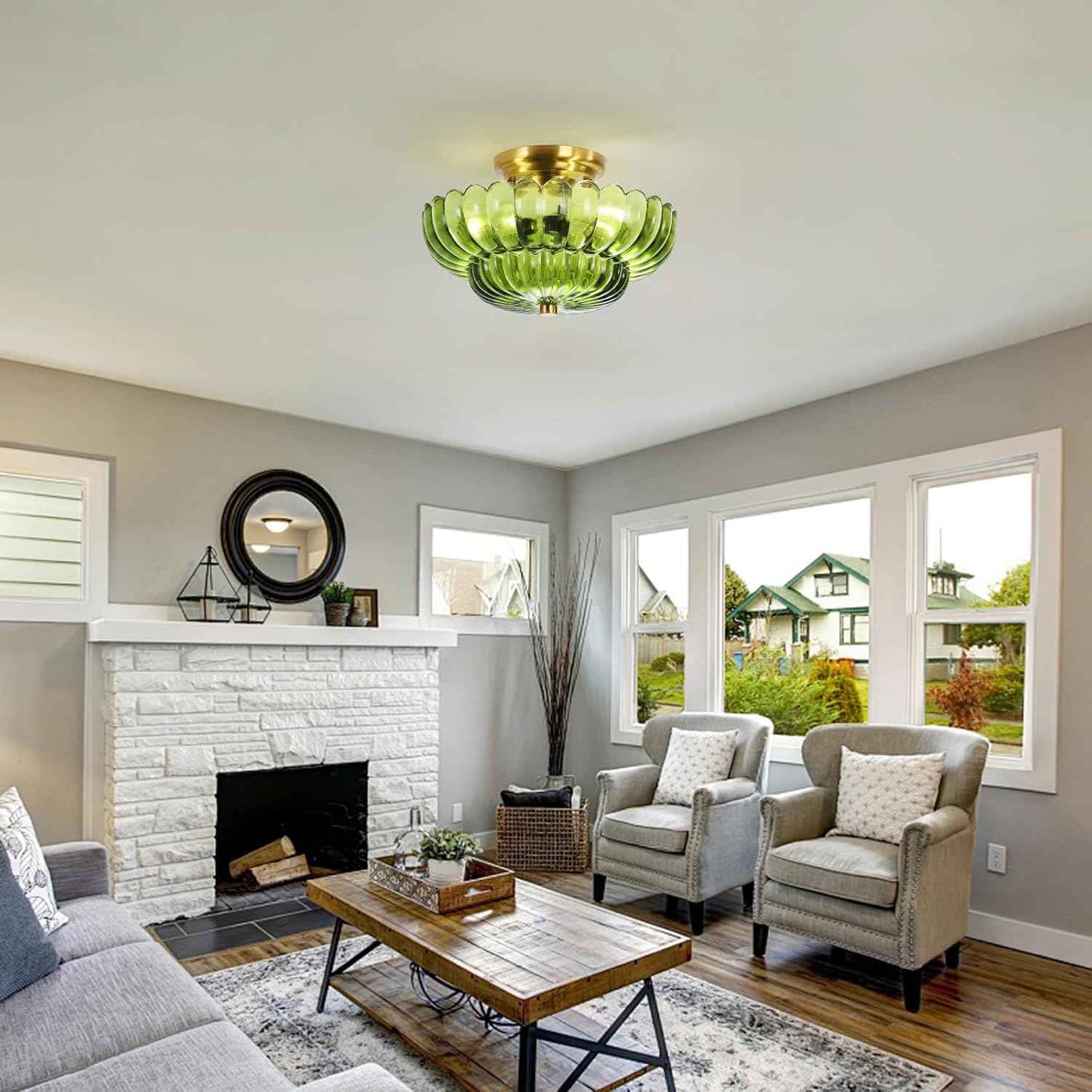 Modern Semi Flush Mount Ceiling Light Fixture with Brown Glass & Black Base - Ideal for Living Room, Kitchen, Bedroom, Hallway (Bulb Not Included)