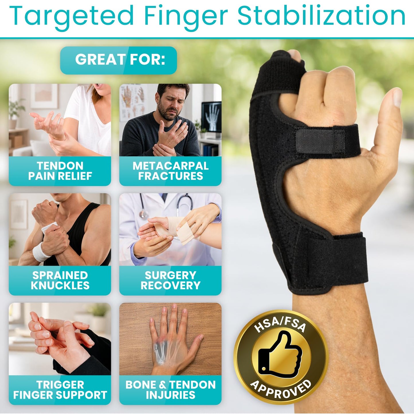 Vive Boxer Finger Splint Brace- Supports Pinky, Ring, Middle Metacarpals and Knuckles - Right or Left Adjustable Hand Brace - Straightening for Trigger Finger, Injury, Fracture, Broken, Tendonitis (7.75 Inch)