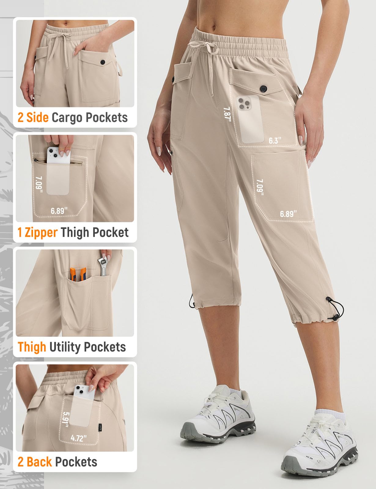 baleaf Women’s Cargo Capri Pants with 7 Pockets Lightweight Quick Dry Hiking Capris for Summer Travel Casual Khaki XL