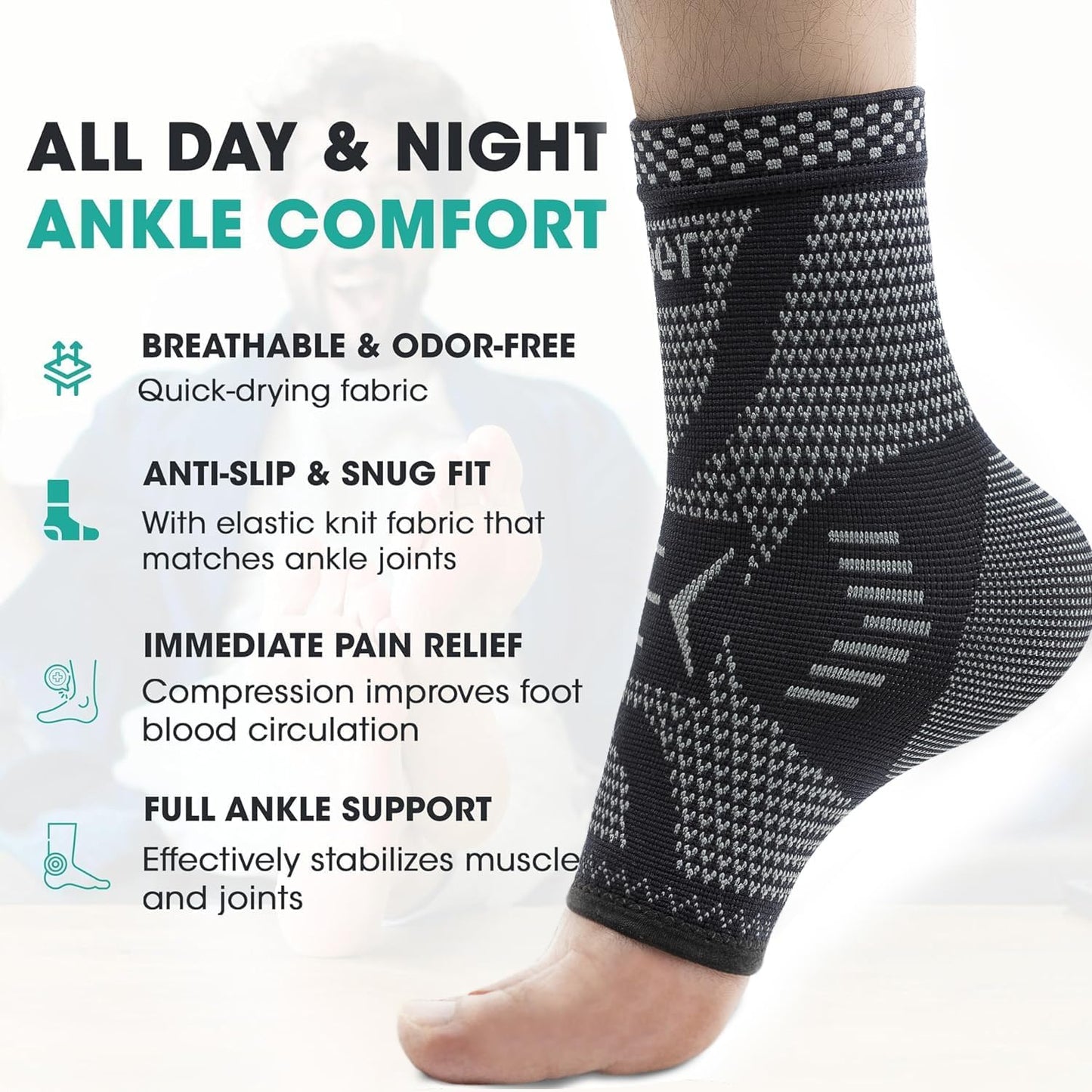 INDEEMAX Copper Ankle Brace Ankle Compression Sleeve Support Ankle Brace for Women & Men, Achilles Tendonitis Brace, Plantar Fasciitis, Sports, Silver Black, L