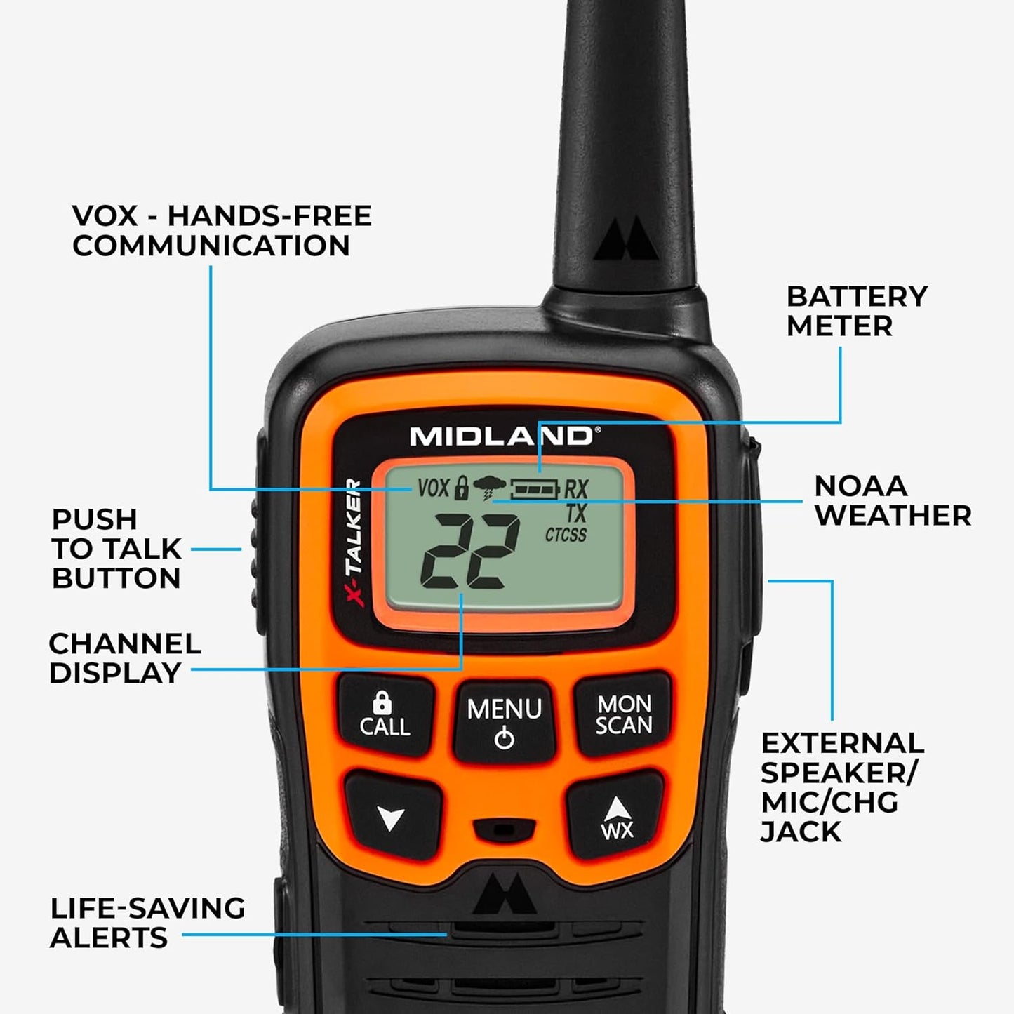 Midland T51VP3 X-TALKER Walkie-Talkie - Long Range FRS Two-Way Radio for Kids | NOAA Weather Alert - Black/Orange - 2 Pack