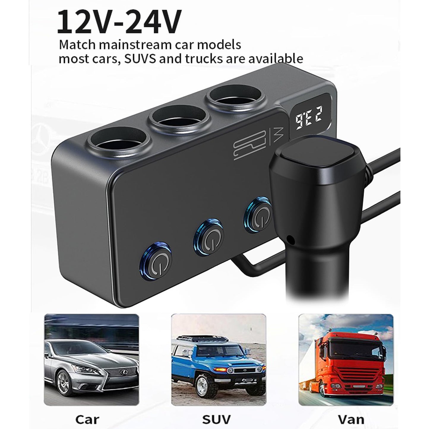 Cigarette Lighter Splitter, 8 in 1 Car Cigarette Lighter Adapter PD 35W Car Charger 3-Socket Heavy Duty Truck Multi Port USB C 12V/24V Independent Switches LED Display Super Fast Charger Car Devices