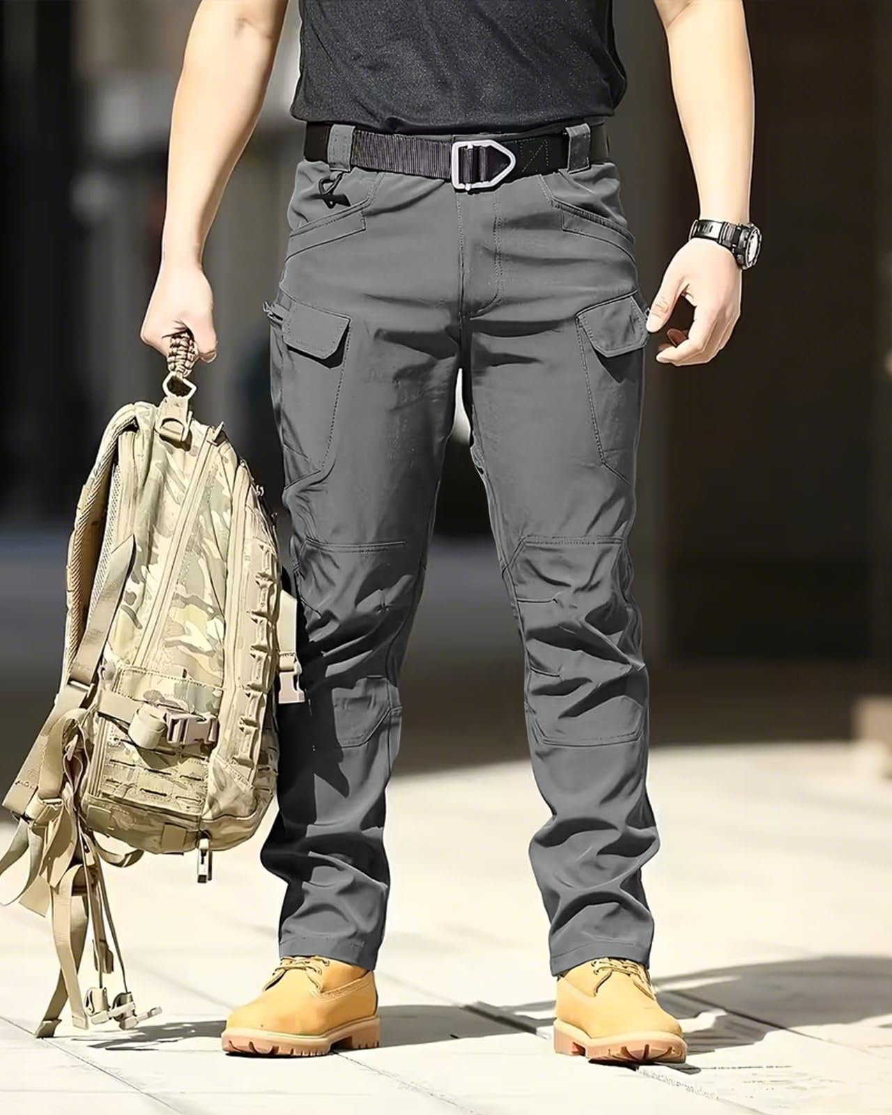 whox Men's Cargo Tactical Pants Work Hiking Trousers Waterproof Lightweight Elastic Waist for Travel with Pockets(No Belt) Dark Grey