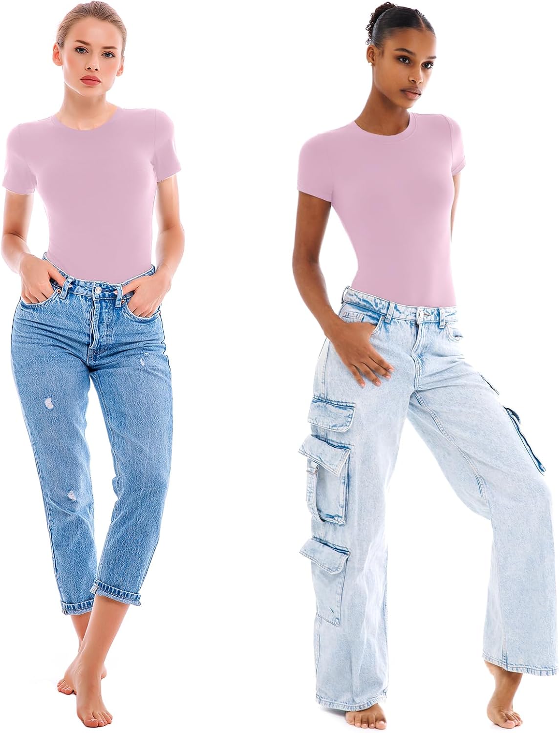 Walifrey Short Sleeve Bodysuits for Women - Basic Round Neck Stretchy T-Shirts | Versatile Tops