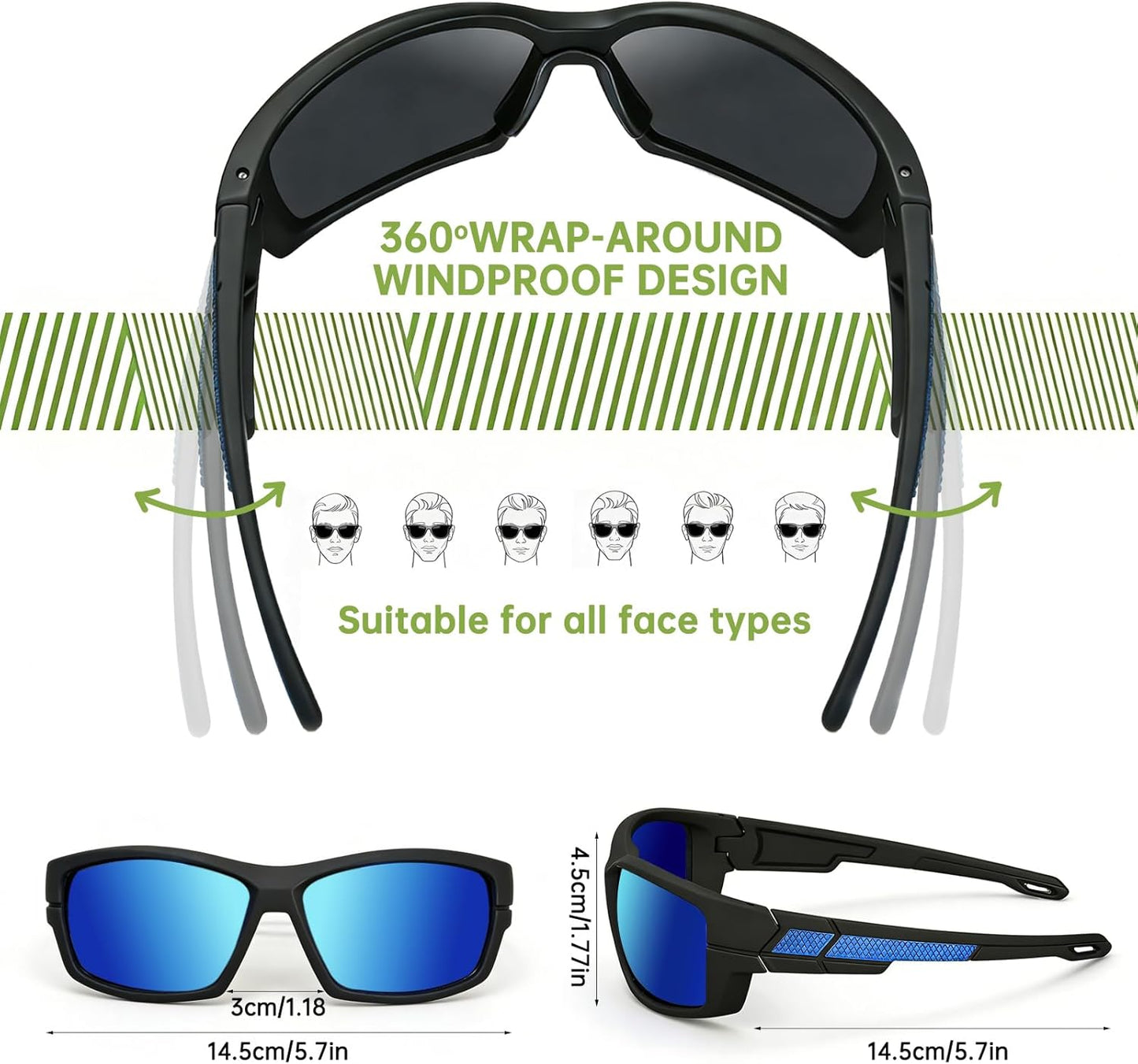 Polarized Sports Sunglasses - UV400 Protection | Wrap-Around Design for Men - Ideal for Running, Fishing, Cycling, and Driving