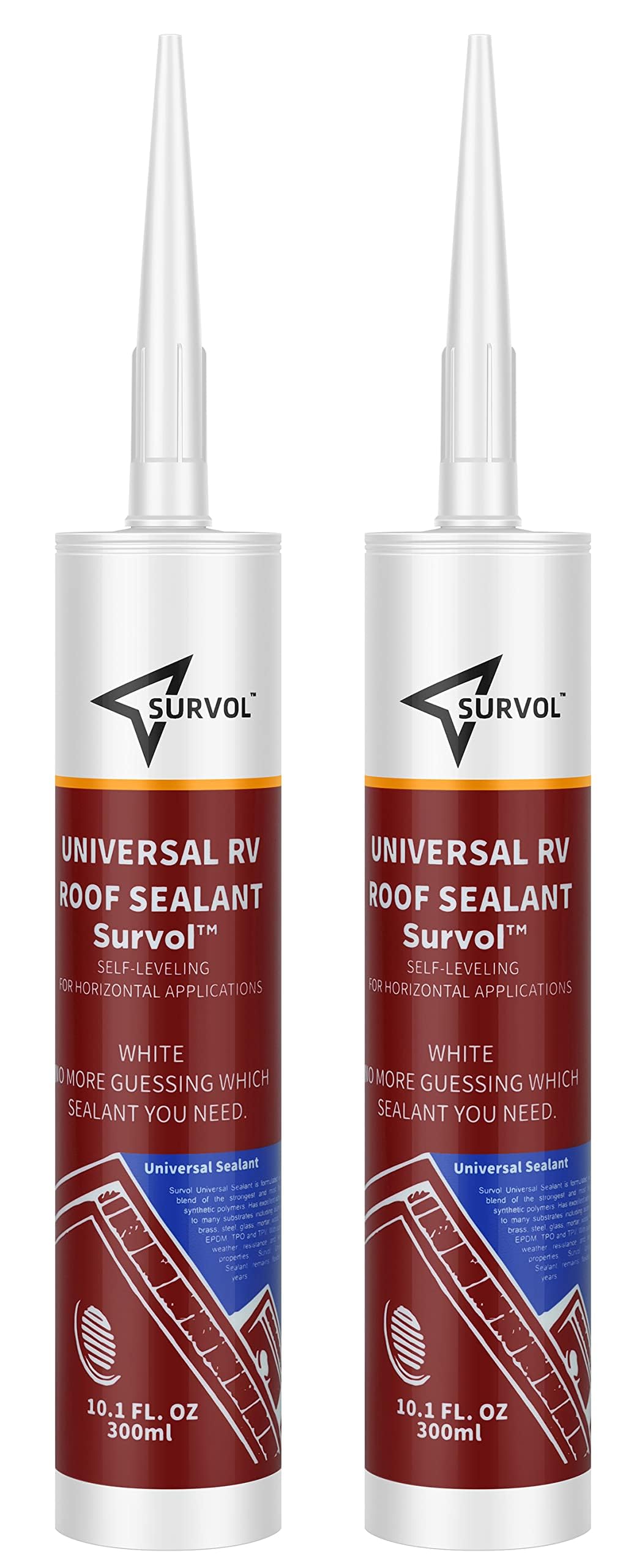 SURVOL RV Roof Sealant, Self-Leveling Lap Sealant - White, 2-Pack, Window, Skylight & Camper Repair, Vertical Surface Caulking