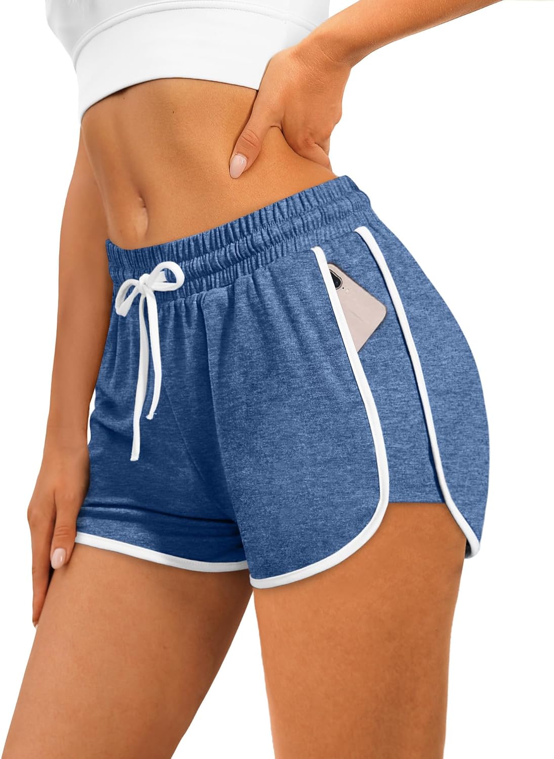 WIHOLL Women's Athletic Shorts - Color Block Dolphin Design with Pockets & Adjustable Drawstring