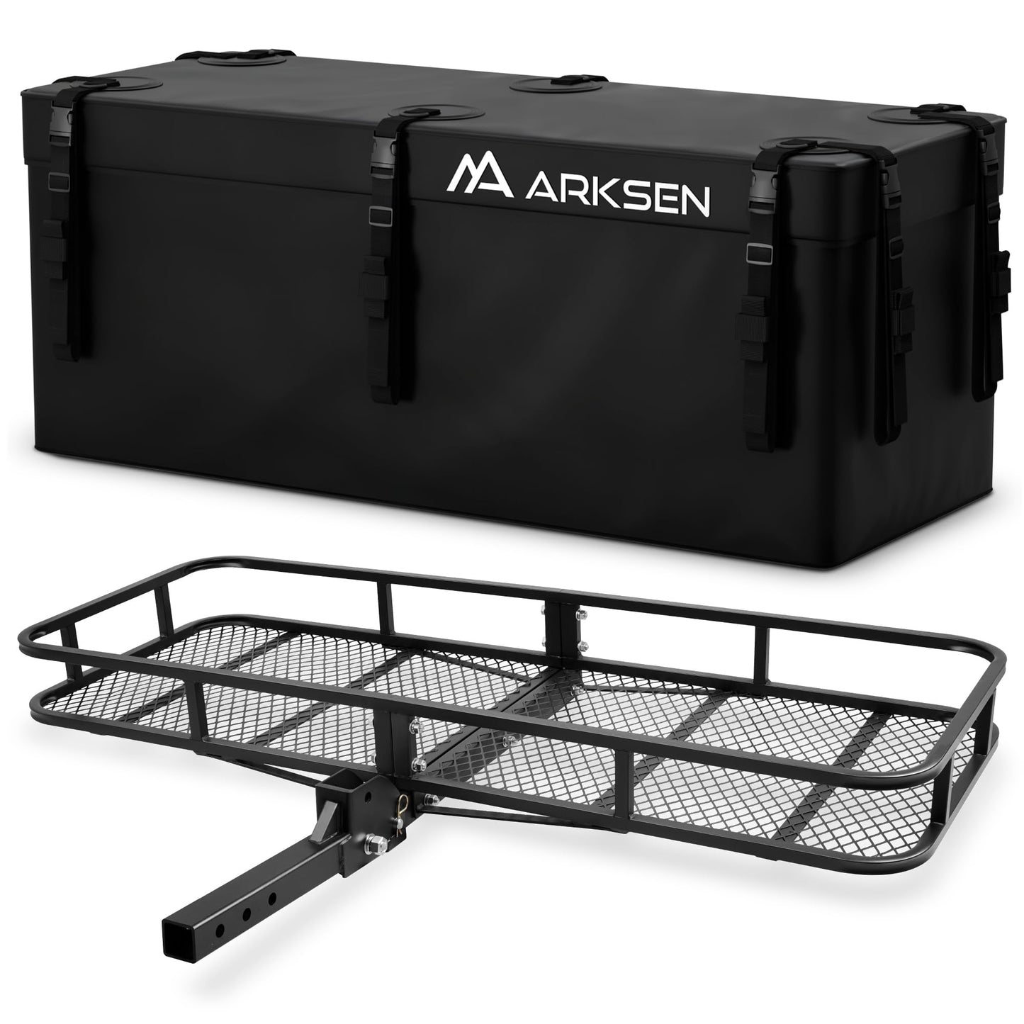 ARKSEN 60" x 23" x 5.5" Folding Hitch Cargo Carrier Basket with 500D PVC Waterproof Cargo Bag(16.5 Cu Ft), 500 Lbs Heavy Duty Rear Trailer Hitch Cargo Rack Fits 2" Receiver for SUV, Truck & Van