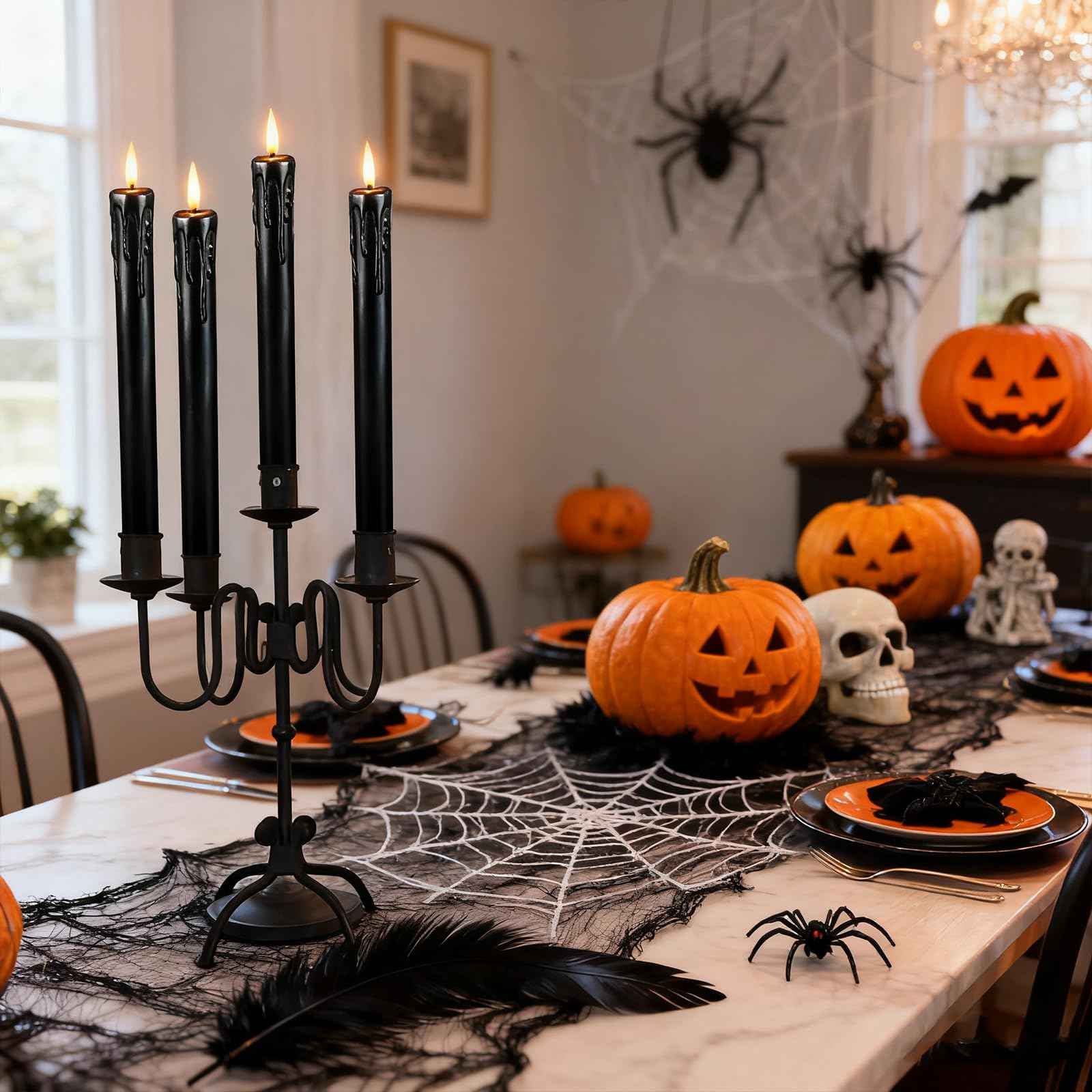 Lezonic Black Flameless Taper Candles Battery Operated with Remote, Long LED Candlesticks Flickering Real Wax Set of 6, 9.5 inch Battery Candles with Realistic 3D Flame for Halloween