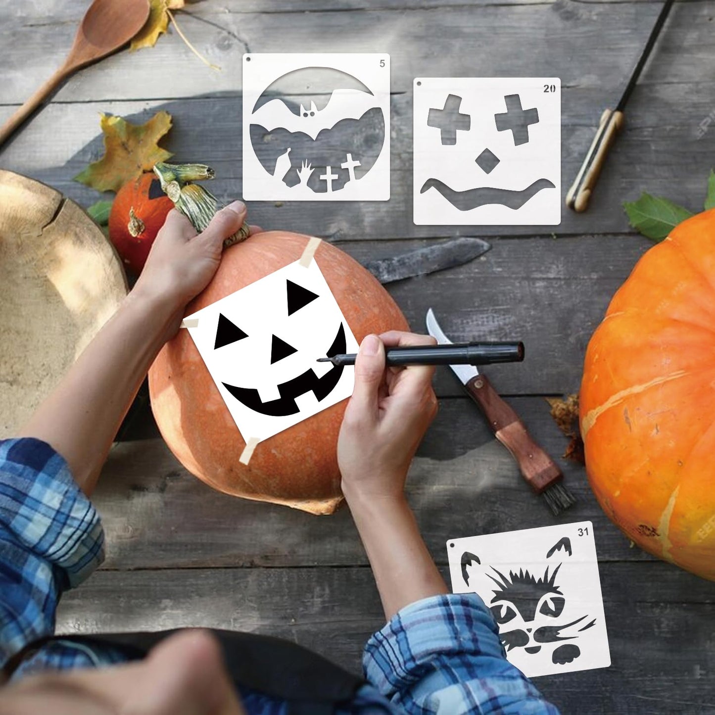 Halloween Pumpkin Stencils for Painting Pumpkins Reusable Ghost Face Paint Templates on Wood Glass Crafts Cookie Baking Door Hanger Sign Decorating (face36)