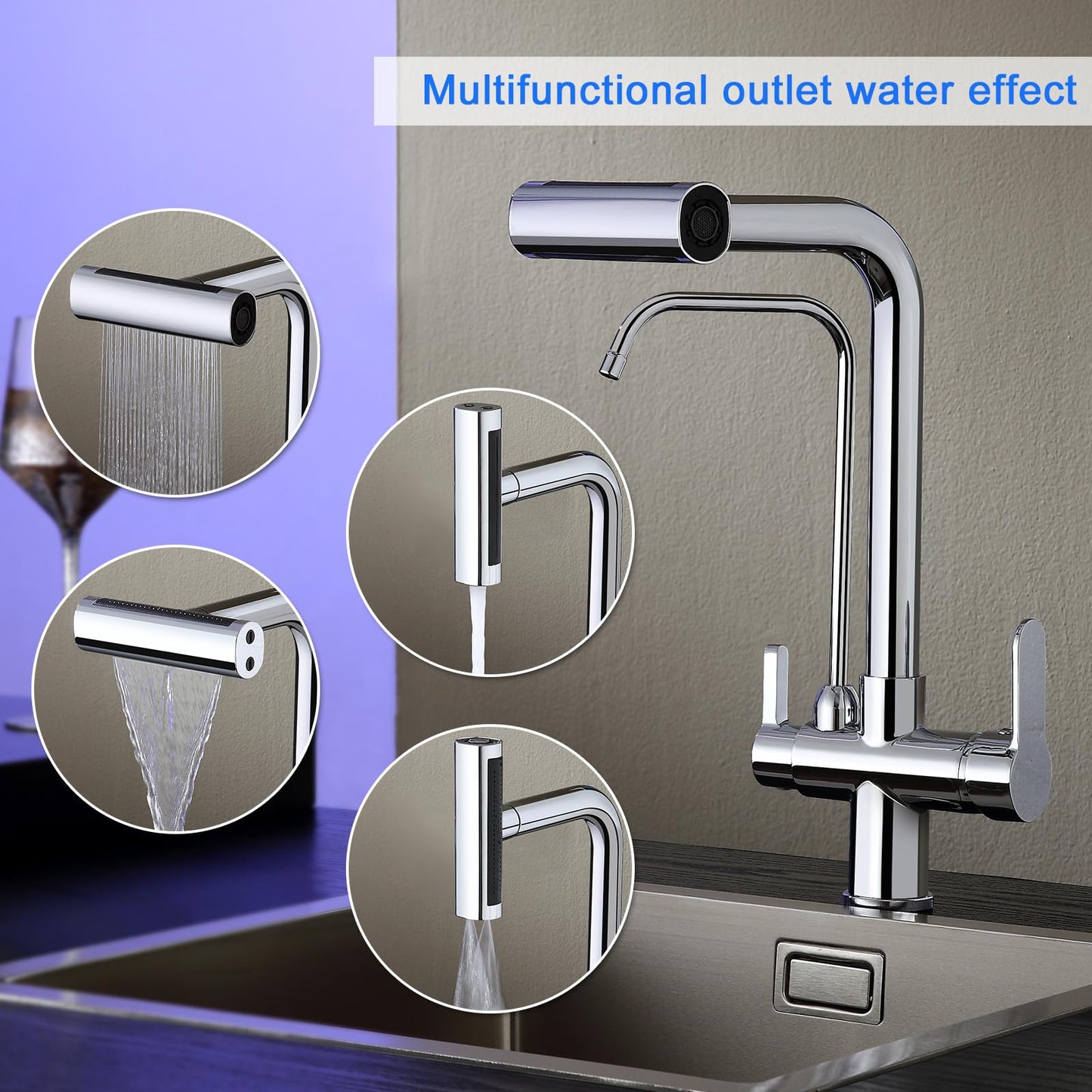 TSIBOMU Dual Handles Kitchen Sink Faucet with Drinking Water Faucet, 3 Way Pull Out Kitchen Faucet with 3-Function Sprayer for Water Filtration System, Chrome