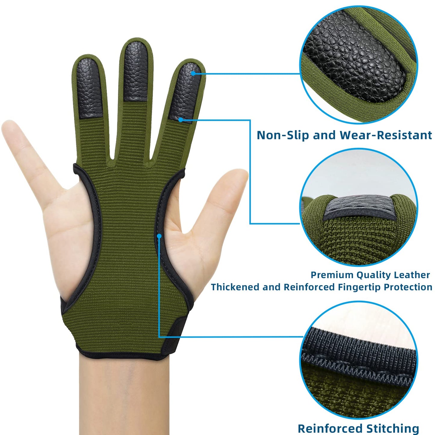 Seektop Archery Gloves Shooting Hunting Leather Three Finger Protector for Youth Adult Beginner (Green, L)