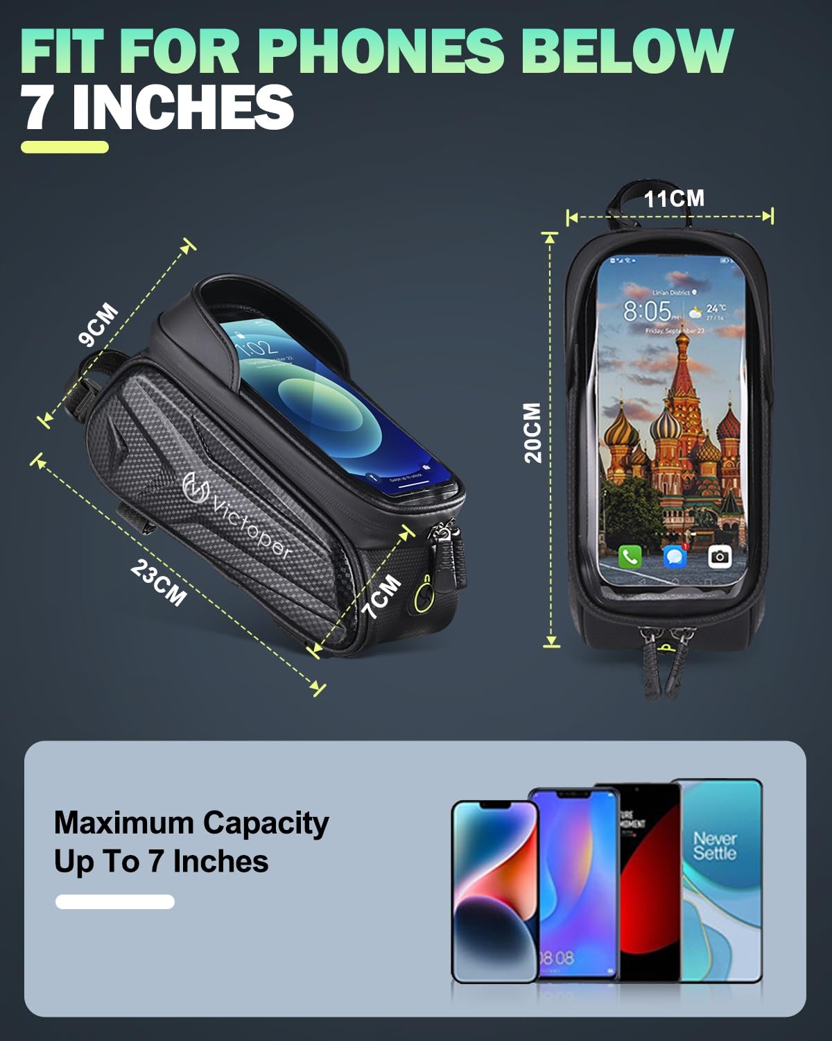 Victoper Bike Phone Front Frame Bag, Waterproof Bicycle Tube Bag, 2L PPU Cycling Pouch Bike Bag, Bike Accessories Bag for Men Women Adults Compatible Phone Under 7”