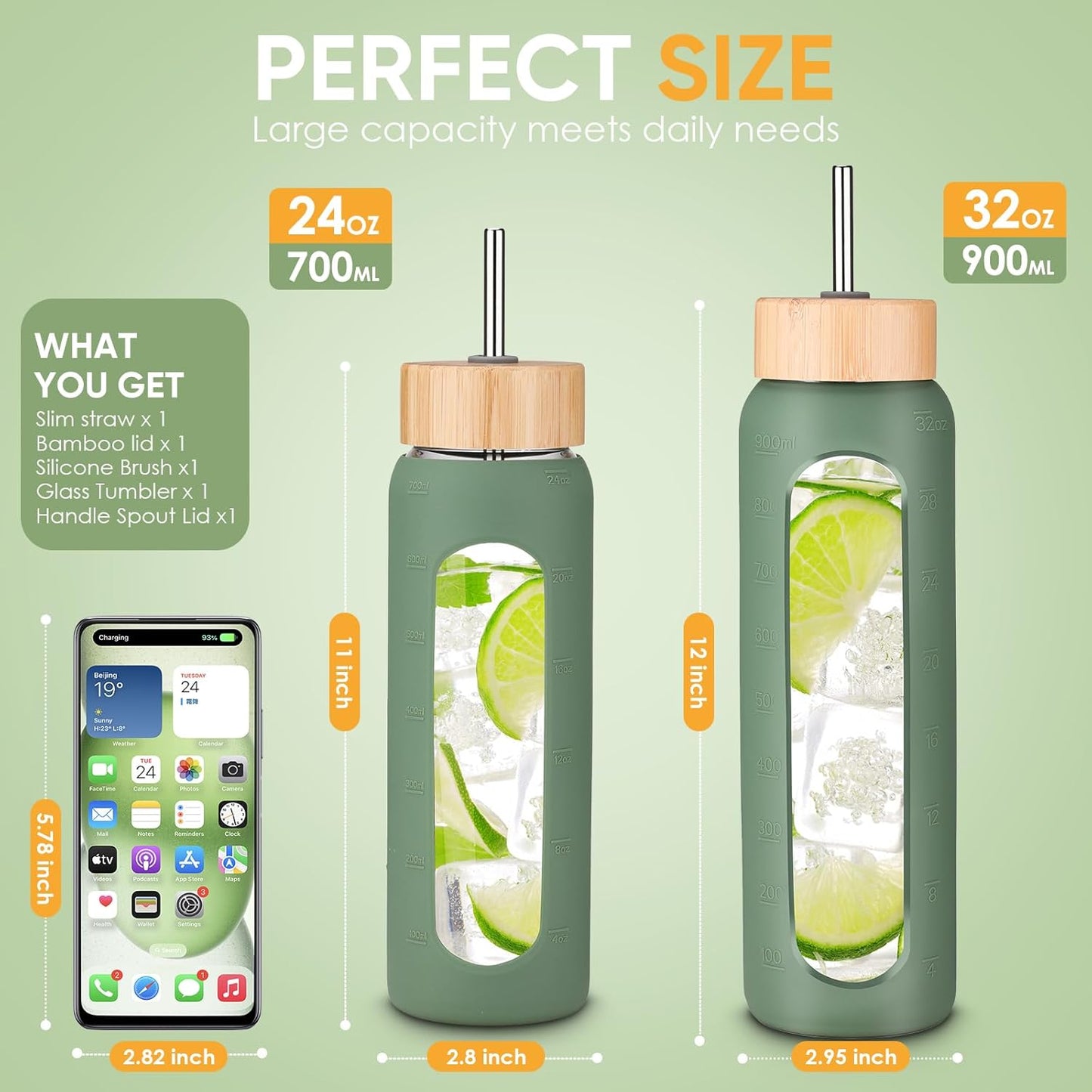 Skiennix 32 oz Glass Water Bottle - Borosilicate Tumbler with Silicone Sleeve & Bamboo Straw Lid | Leakproof, BPA-Free for Gym & Travel