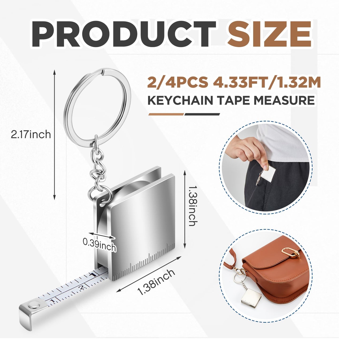 Quelay 2 Pcs Mini Measuring Tape Metal Keychain Tape Measure up to 51.97 Inches/ 4.33 ft Metric Measurement Small Retractable Measure Keychain (Silver)