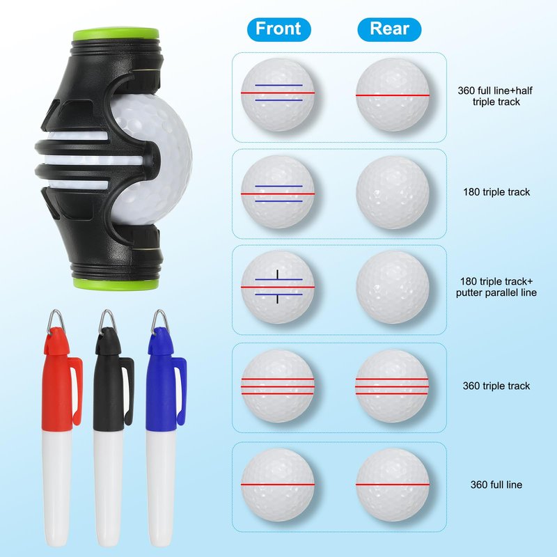 PATIKIL Golf Ball Marker Stencil 360 Degree Triple Track Golf Ball Alignment Marking Tool Line Drawing Marker with Marker Pens for Men Women, Black/Green
