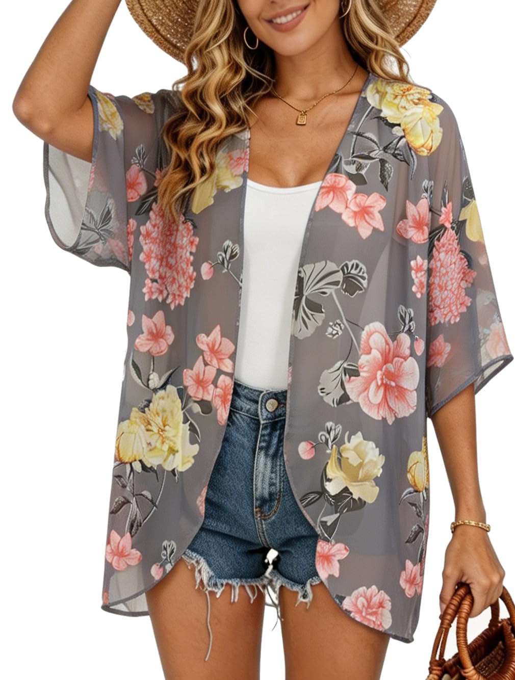 FINOCEANS Womens Floral Chiffon Kimono Cardigans Loose Beach Cover Up Half Sleeve Tops