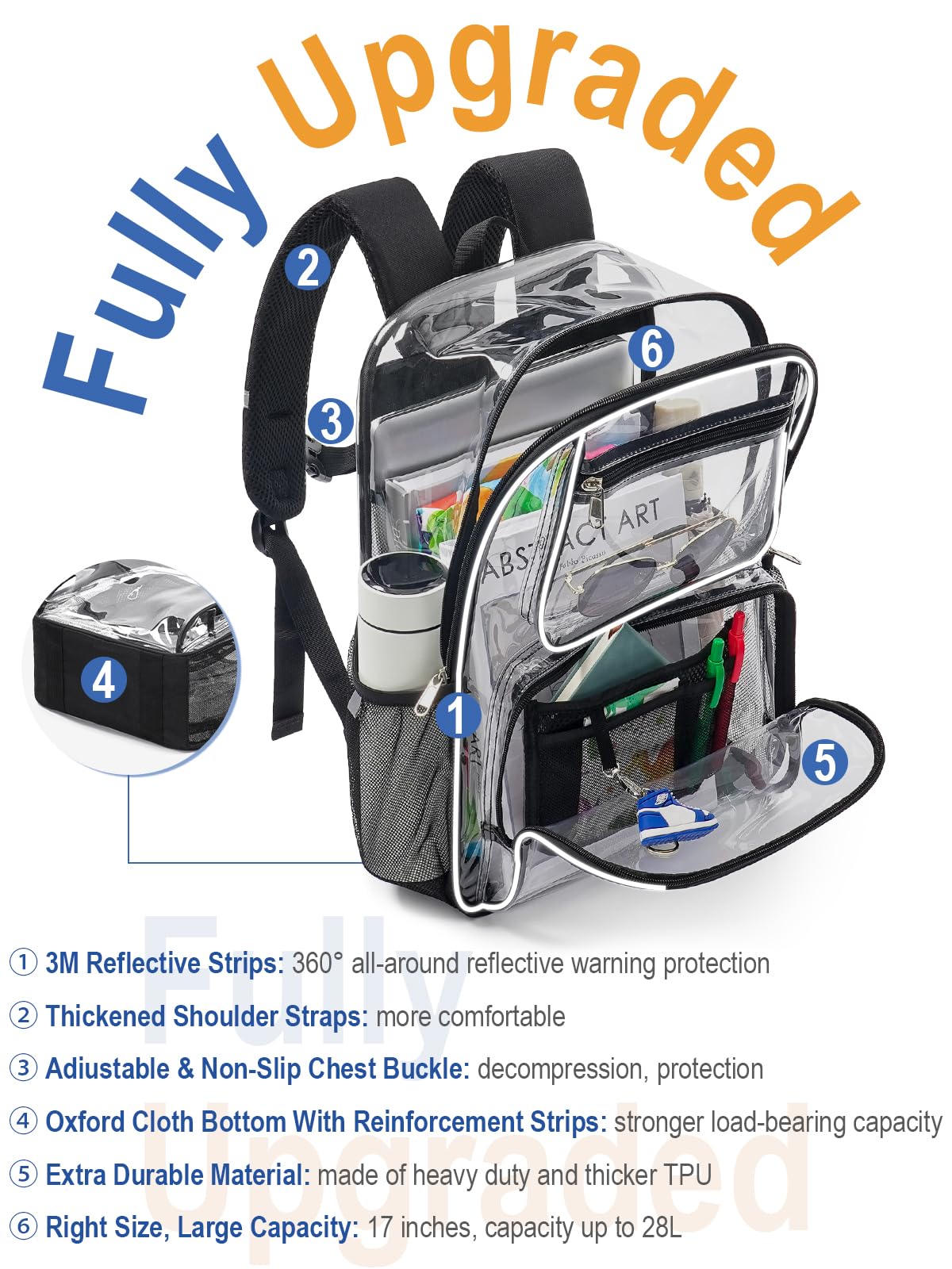 QOECI Heavy Duty Clear Backpack For Kids Women Men Boys Girls, 17 Inch Large See Through Backpack, 360° 3M Reflective Strips Clear Bookbag, Transparent Bag For School College Sport Work Travel, Black
