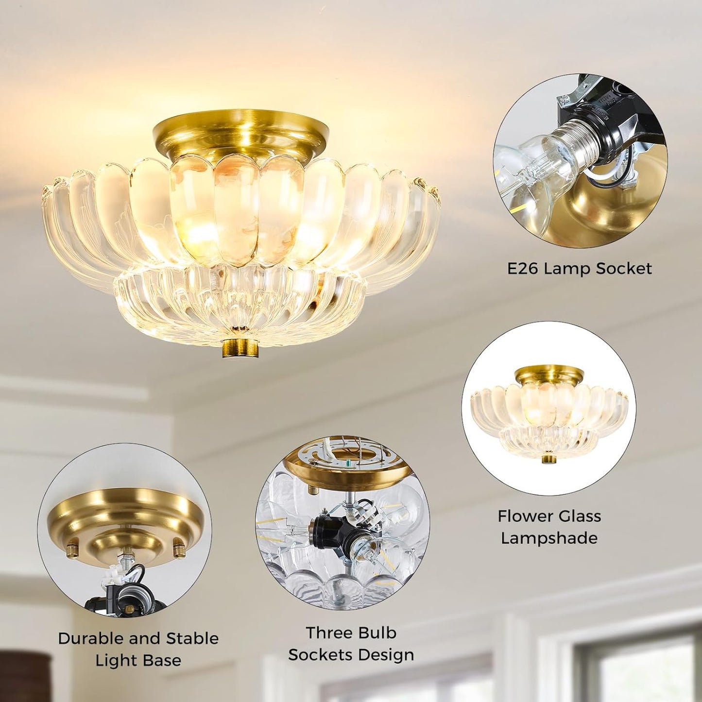 Modern Semi Flush Mount Ceiling Light Fixture with Brown Glass & Black Base - Ideal for Living Room, Kitchen, Bedroom, Hallway (Bulb Not Included)