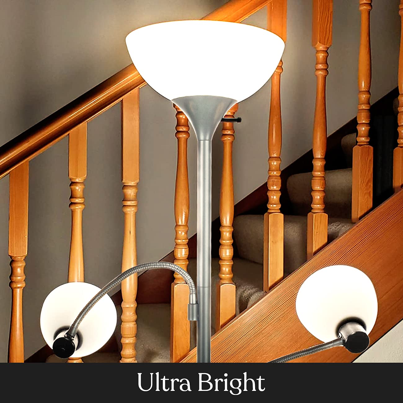 Brightech Sky Dome Double LED Floor lamp, Torchiere Super Bright Floor Lamp with 2 Reading Lamps for Living Rooms & Offices - Dimmable Tall Standing Lamp for Bedroom Reading - Tall Silver Pole