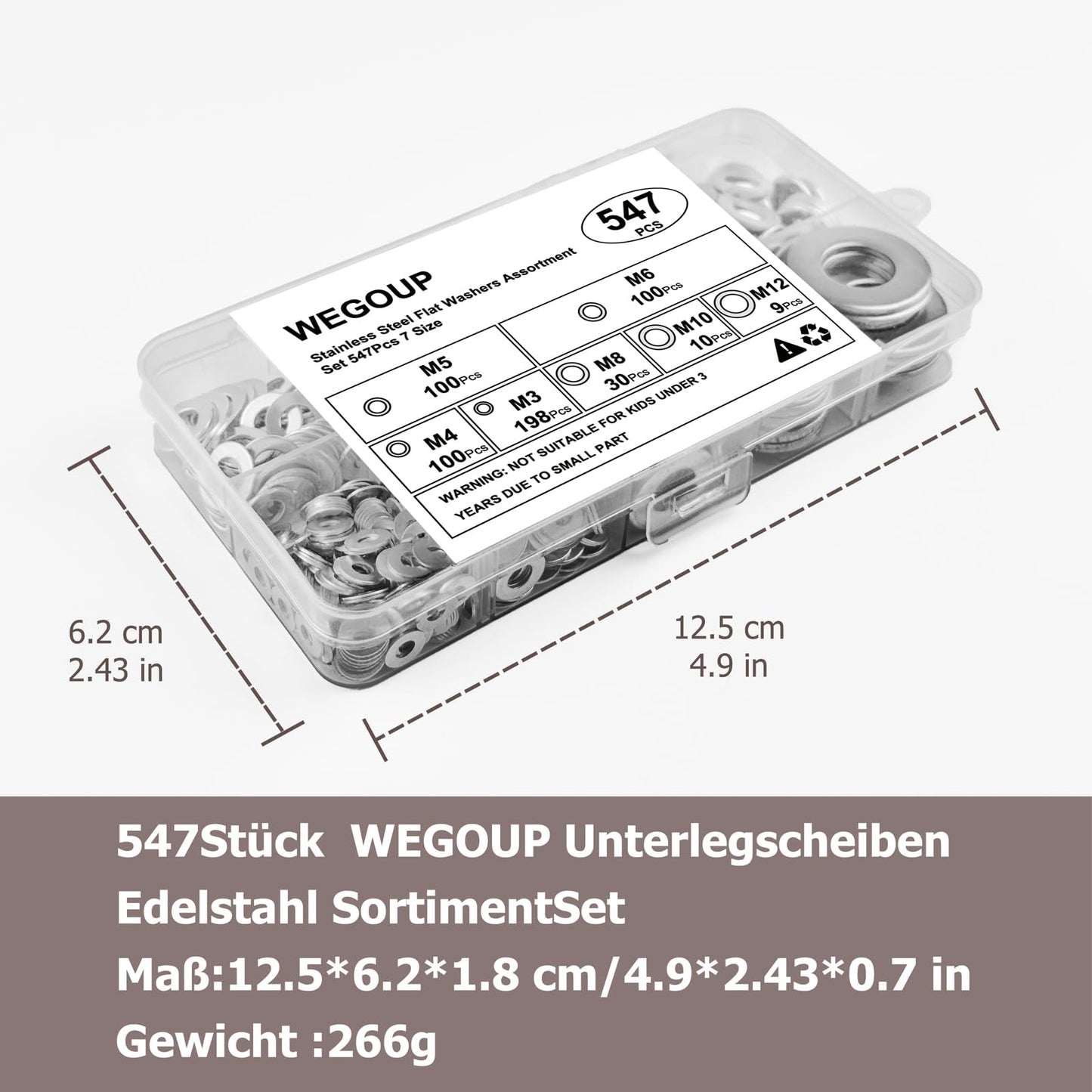 Kviceo Stainless Steel Flat Washer Set – 18-8 (304) Stainless Steel, Assorted Sizes for Automotive, Home, Industrial & DIY Use, with Plastic Case (547, M3, M4, M5, M6, M8, M10, M12)