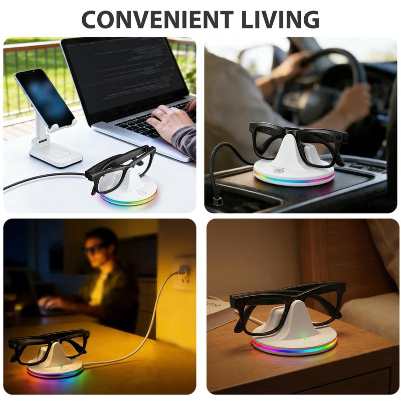 Charging Dock for Meta Glasses RayBan Gen 2: Wayfarer, Skyler, Headliner & Oakley HSTN Smart Glasses Accessories, Charging Station with LED Power Status Light, 7-Color RGB Light, USB-C Cable, White