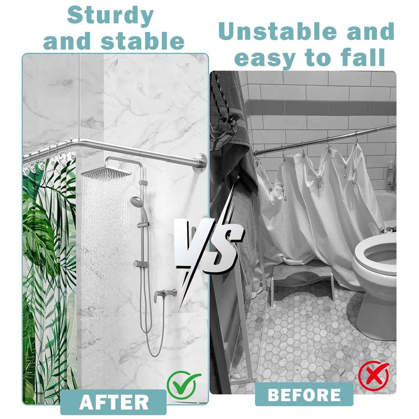 Shower Rod Ceiling Support Bracket 2-Pack – Anti-Sagging 304 Stainless Steel, 60" Adjustable Rust-Resistant, Fits Curved/L/U-Shaped Rods