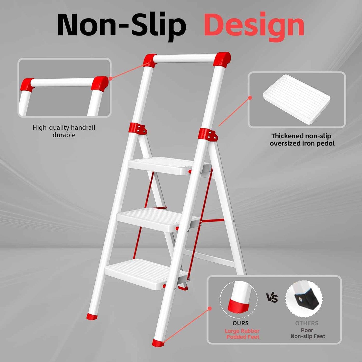 DIAMONDFORGE 4-Step Folding Ladder - Sturdy Steel Construction, Anti-Slip Pedals & Feet, Handgrip - Home Use, White & Red