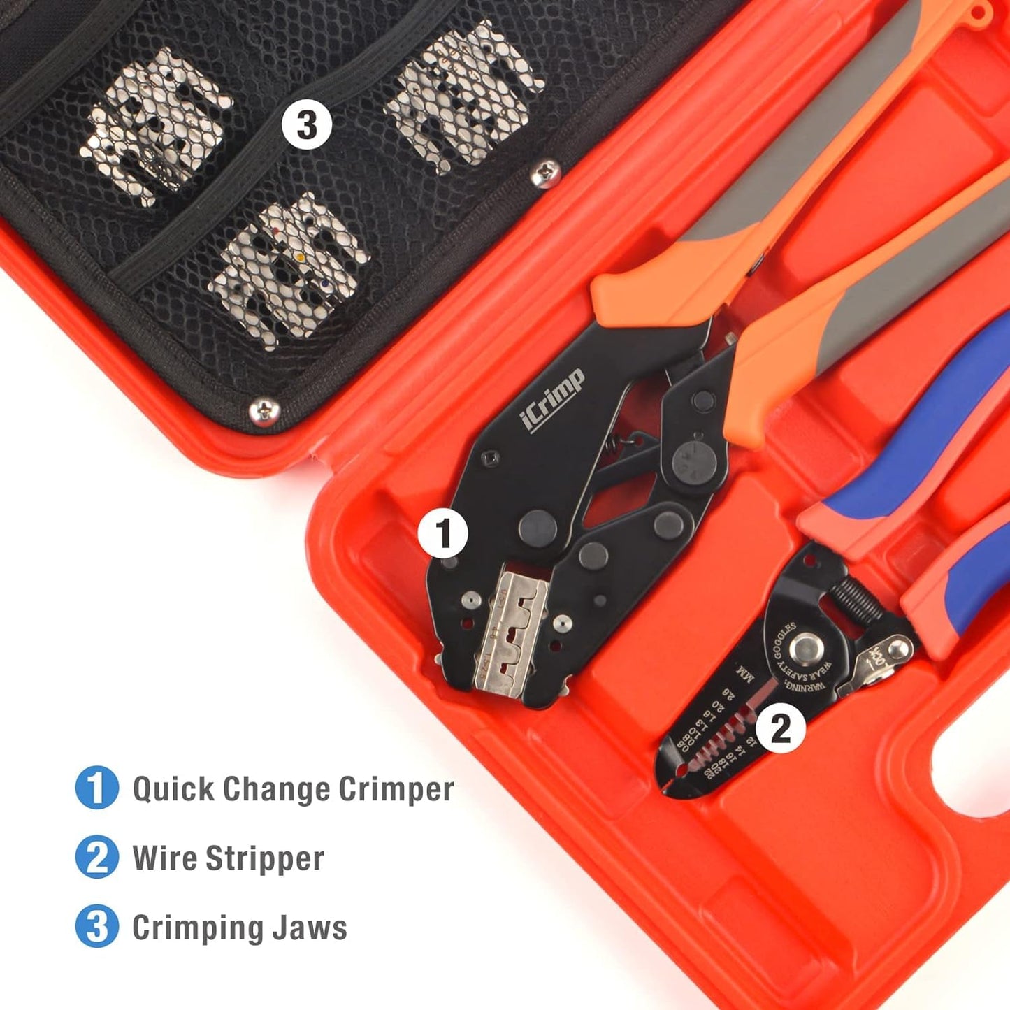 iCrimp Quick Change Ratcheting Wire Crimper Tool Set for Insulated, Heat Shrink, Non-Insulated Terminals, Battery Cable Lugs, IWS4 Solar connectors, Wire Ferrules, 8 Pieces with Wire Stripper