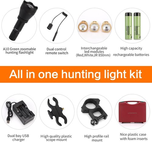 LUMENSHOOTER A10 Green Hunting Light - 1000 Lumens Zoomable Flashlight with Rubber Halo Shield | Red & White 850nm IR Torch