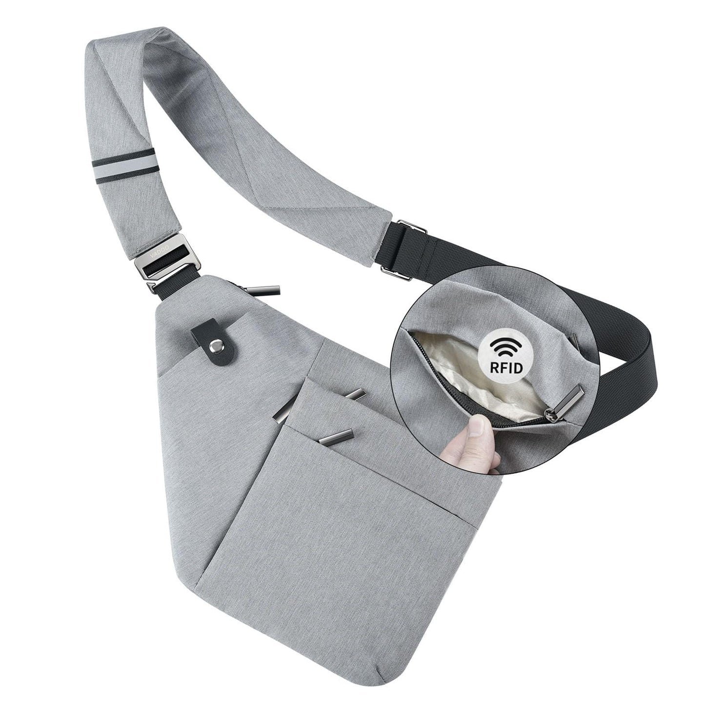VADOO Anti-theft Crossbody Bags for Women, RFID Blocking Pocket Sling Bag for Men Lightweight Shoulder Chest for Travel Sport, Gray 2.0