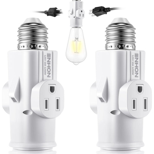 Enhon 2 Pack Light Socket Outlet Adapter, 2/3 Prong Light Socket to Plug Adapter, E26/E27 Heat Resistant Lamp Bulb to 2/3 Prong Plug Outlet Splitter Converter for Garage Porch Indoor Outdoor