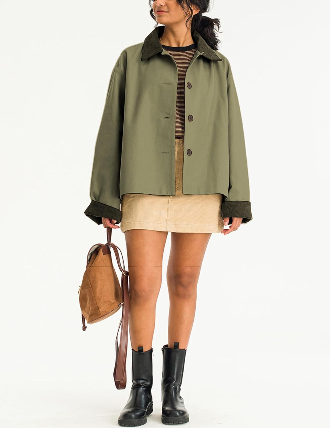 Viefent Women's Crop Trench Coat - Casual Button Down Jacket with Pockets | Army Green, Long Sleeves