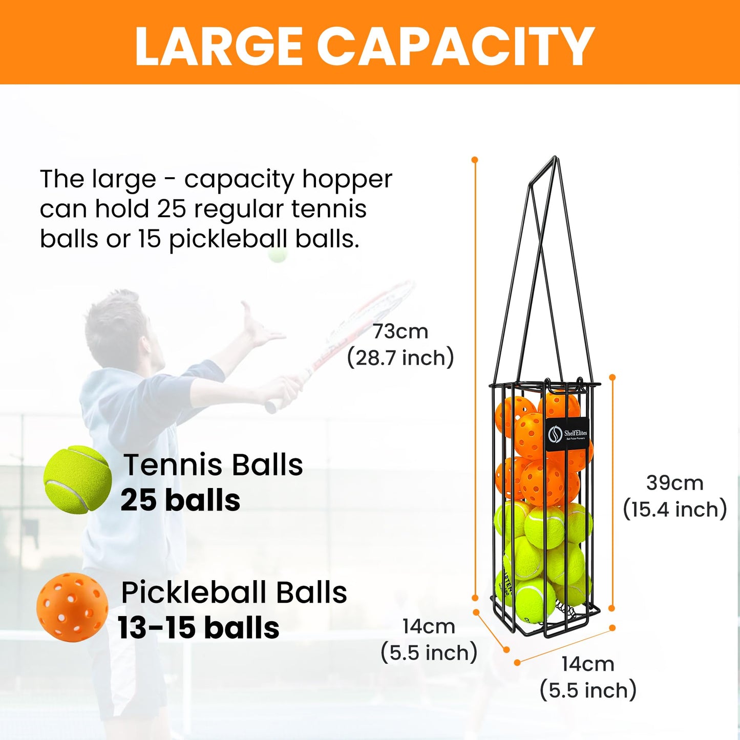 ShelfElites Tennis Ball Hopper, Portable Tennis Ball Holder with Handle for Court, Practice & Training (Small)