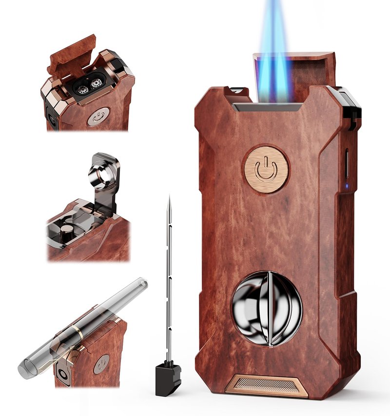 5-in-1 Torch Lighter with Tool, Holder, Punch, Draw Enhancer Tool, Double Jet Flame, Windproof Rechargeable Lighters, Versatile Gifts for Men, Refillable Butane Lighter for Candles, Travel