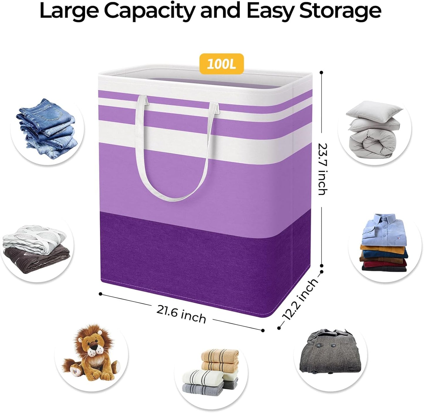 Waterproof 100L Laundry Basket Set - Collapsible Freestanding Hamper with Extended Handles - 2-Pack Gradient Grey for Clothes & Toys