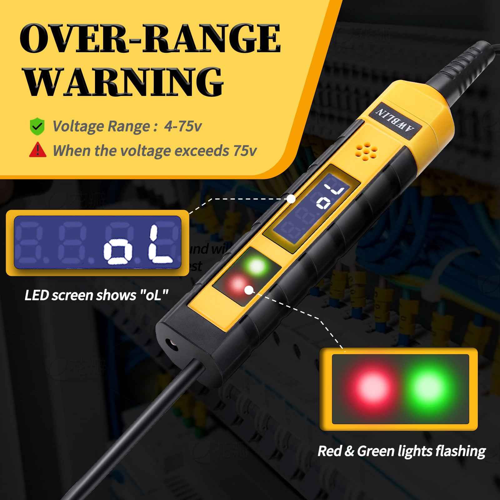 AWBLIN 4-75V DC Automotive Test Light, LCD Digital Light Tester with Voltmeter, Heavy Duty Circuit Tester with Polarity Indicate and Illuminating Lights, Fuse Voltage Tester Auto Electrical Tool