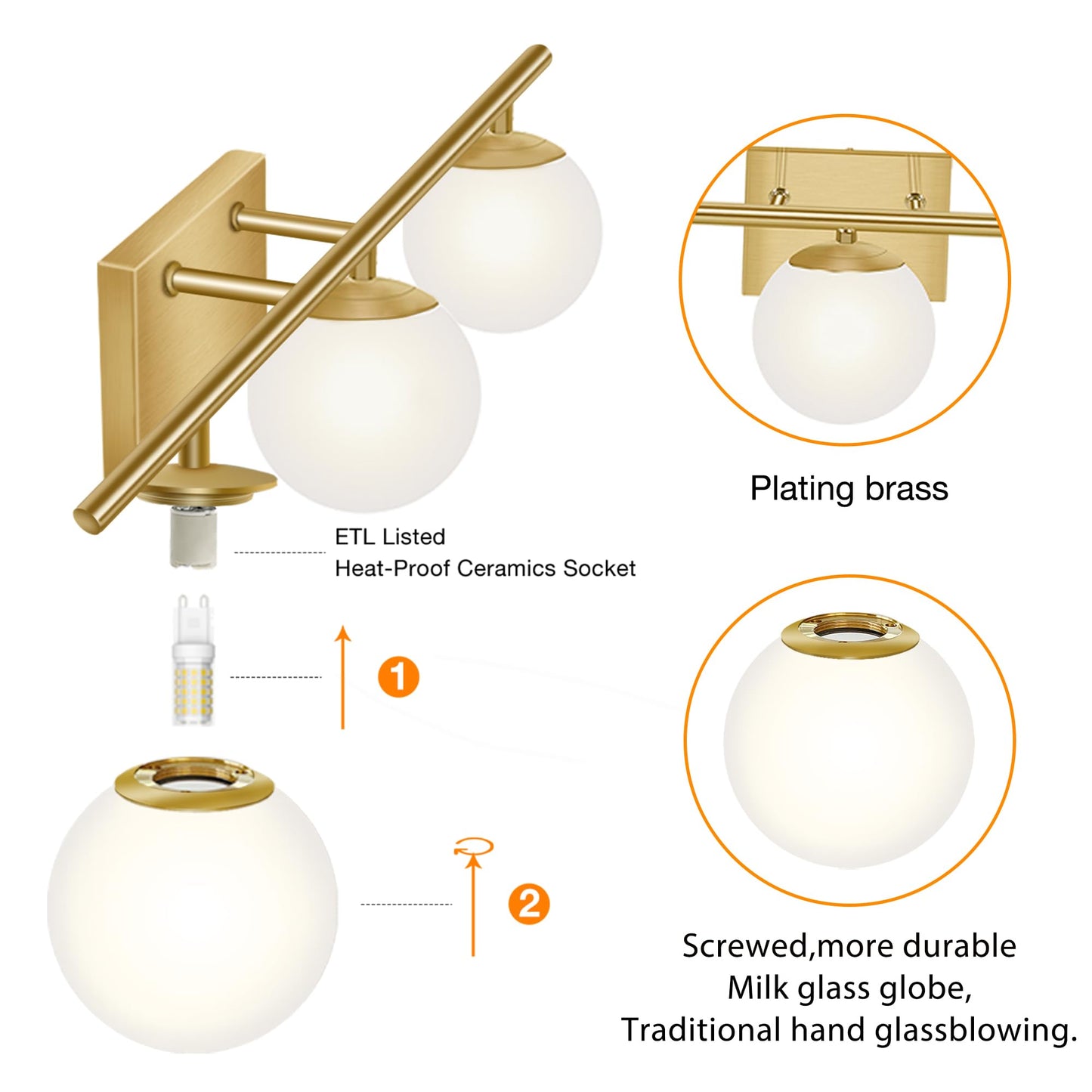 YHTlaeh New Bathroom Vanity Light 3 Lights Fixtures Brushed Brass Milk White Globe Glass Shade Modern Wall Bar Sconce Over Mirror (Exclude G9 Bulb)