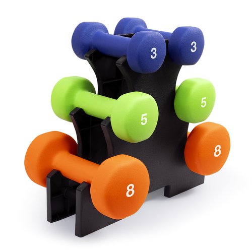 Marcy 3-Pair Neoprene Coated Cast Iron Dumbbell Set with Rack (3 lbs, 5 lbs, 8 lbs - Total 32 lbs) - Hand Weights for Home Exercise, Yoga, Fitness Training NDS-32B