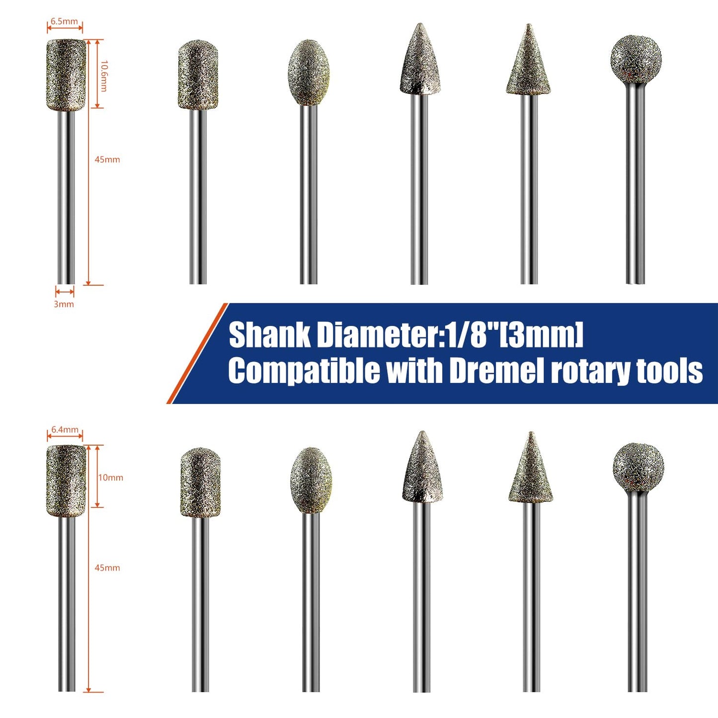 Diamond Grinder Bits for Dremel Tool Accessories, 20Pcs, 1/8" Shank, 120-Grit, Rotary Tool Diamond Bits for Stone Glass Resin Porcelain Ceramic Nail Glaze Metal Carve Engrave Polish