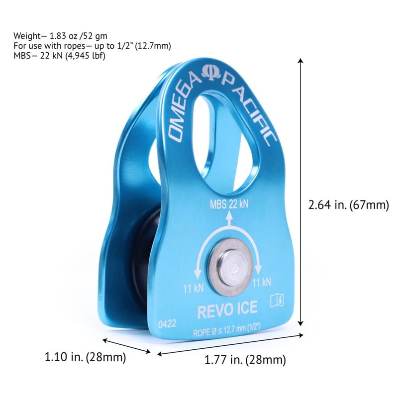 Omega Pacific Revo Ice Prusik Minding Micro Pulley | Lightweight Aircraft Aluminum & Stainless Steel | 1.8oz Design | Crevasse Rescue & Load Hauling Gear | Blue