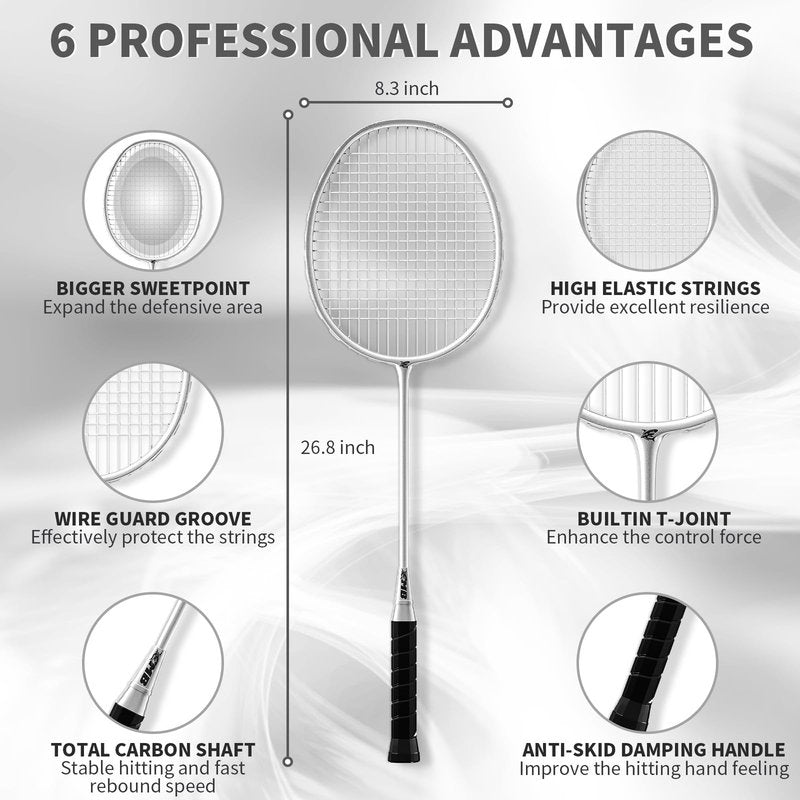MBFISH Badminton Racket Set with 2 Carbon Fiber Rackets, 3 Shuttlecocks, 2 Replacement Racket Grip Tapes and 1 Badminton Bag - Perfect for Beginners & Outdoor Games 4U Sliver 2P