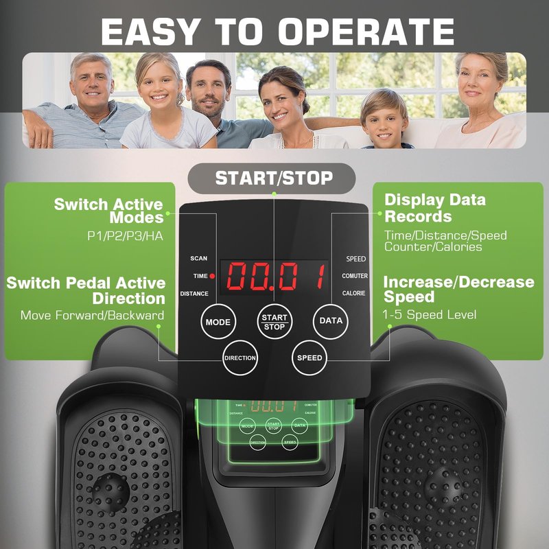 ANCHEER Under Desk Elliptical Machine - Quiet Pedal Exerciser for Seniors, Office & Home, Low-Impact Seated Leg Workout Equipment, Smart LCD Display, Remote Control(Black/Green)