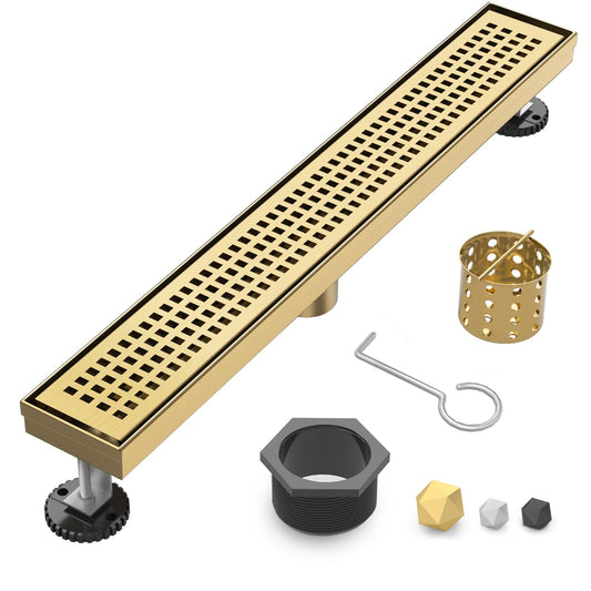 Linear Shower Drain | 24 Inch AISI 304 Stainless Steel Shower Drain, Brushed Gold Linear Drain with Removable Quadrato Grate Cover & Adjustable Feet, Rectangle Floor Drain, in Bathroom Balcony etc